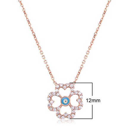 Zirkon Taşlı Pırlanta Montür Rose Altın Kaplama Mavi Mineli Çiçek Gümüş Kolye
