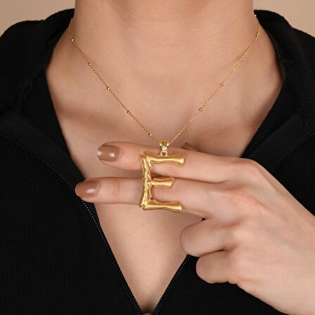 Altın Kaplama Bambu Desenli E Harfi Gümüş Kolye