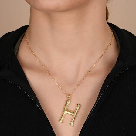 Altın Kaplama Bambu Desenli H Harfi Gümüş Kolye