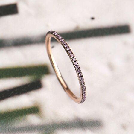 Pembe Zirkon Taşlı Pırlanta Montür Rose Altın Kaplama Tam Tur Gümüş Yüzük