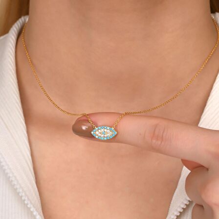 Zirkon Taşlı Pırlanta Montür Göz Desenli Altın Kaplama Gümüş Kolye