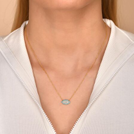 Zirkon Taşlı Pırlanta Montür Göz Desenli Altın Kaplama Gümüş Kolye