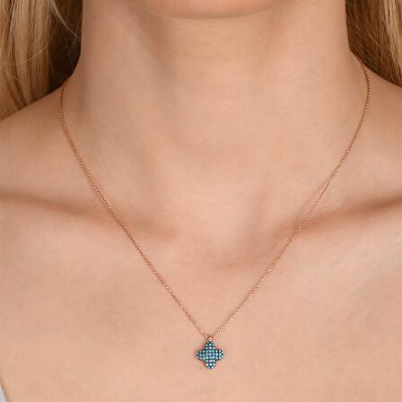 Coşar silver-Turkuaz Taşlı Rose Altın Kaplama Gümüş Yonca Sembollü Kolye