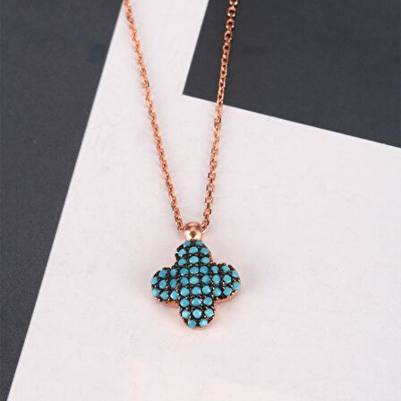 Coşar silver-Turkuaz Taşlı Rose Altın Kaplama Gümüş Yonca Sembollü Kolye