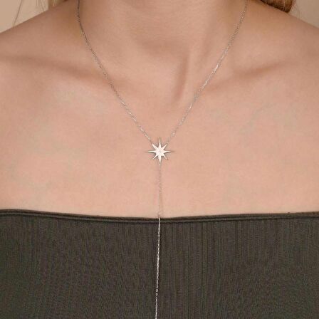 Zirkon Taşlı Pırlanta Montür Gümüş Altın Kaplama Kutup Yıldızı Gümüş Kolye