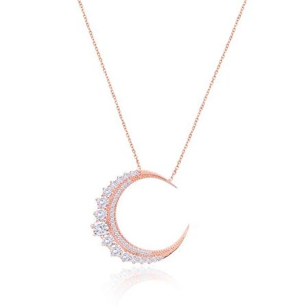 Zirkon Taşlı Pırlanta Montür Hilal Şekilli Rose Kaplama Gümüş Kolye