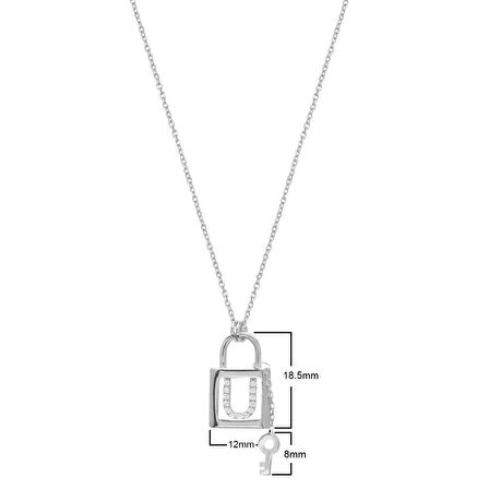 Zirkon Taşlı Pırlanta Montür Gümüş Rengi Kaplama Anahtarlı Kilit U Harfi Gümüş Kolye