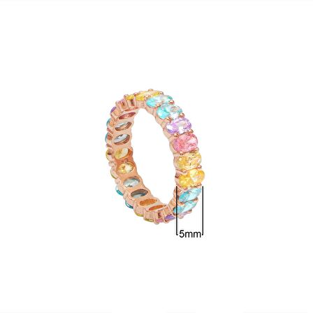 Renkli Baget Taşlı Rose Altın Kaplama Tam Tur Gümüş Yüzük