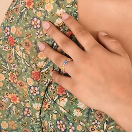 Renkli Baget Taşlı Rose Altın Kaplama Tam Tur Gümüş Yüzük