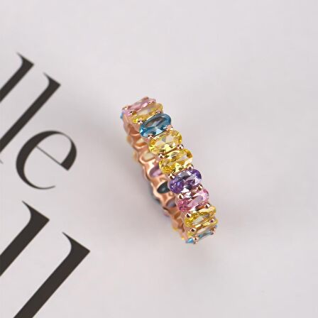 Renkli Baget Taşlı Rose Altın Kaplama Tam Tur Gümüş Yüzük