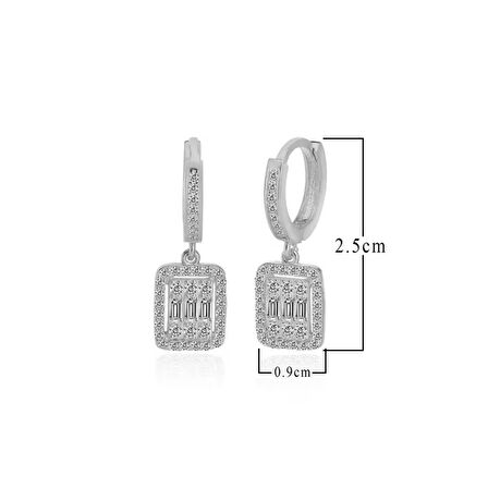 Zirkon Taşlı Pırlanta Montür Gümüş Rengi Kaplama Baget Taşlı Halkalı Gümüş Küpe