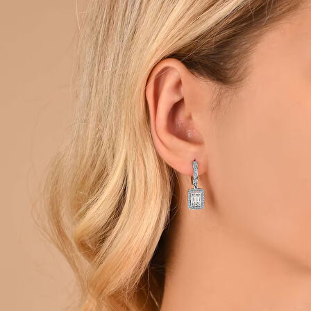 Zirkon Taşlı Pırlanta Montür Gümüş Rengi Kaplama Baget Taşlı Halkalı Gümüş Küpe