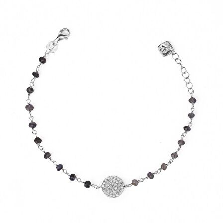 Zirkon Taşlı Pırlanta Montür Gümüş Rengi Altın Kaplama Iolite Rosary Yuvarlak Gümüş Bileklik