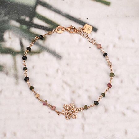 Zirkon Taşlı Pırlanta Montür Rose Altın Kaplama Turmalin Rosary Papatya Gümüş Bileklik