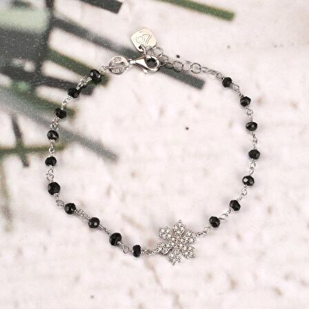 Zirkon Taşlı Pırlanta Montür Gümüş Rengi Altın Kaplama Siyah Rosary Papatya Gümüş Bileklik
