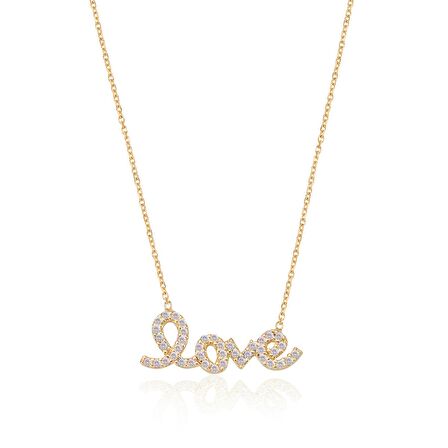 Zirkon Taşlı Pırlanta Montür Altın Kaplama Love Gümüş Kolye