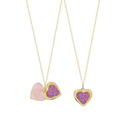 Pembe Zirkon Taşlı Pembe Mineli Altın Kaplama I Love Mom Yazılı Kalp Gümüş Kolye