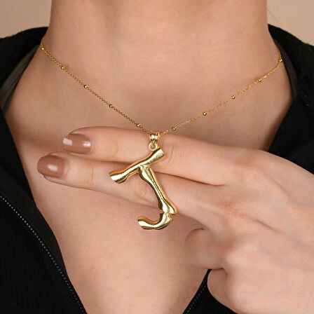 Altın Kaplama Bambu Desenli I Harfi Gümüş Kolye