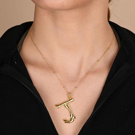 Altın Kaplama Bambu Desenli I Harfi Gümüş Kolye