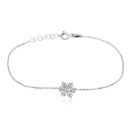 Zirkon Taşlı Pırlanta Montür Gümüş Rengi Kaplama Çiçek Desenli Gümüş Bileklik