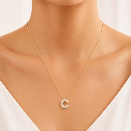 Zirkon Taşlı Altın Kaplamalı C Harfi Gümüş Kolye