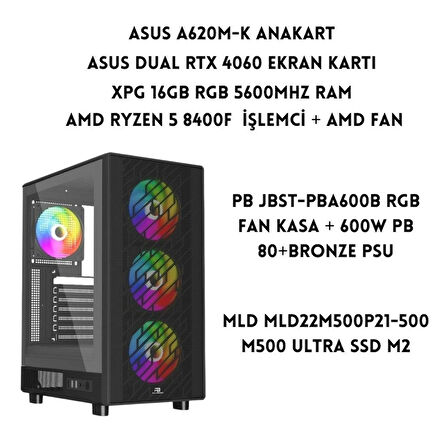 LYSERG PB A600B RGB Fan Kasa Amd Ryzen 5 8400F 16 GB Ram 500 GB SSD Asus Dual RTX 4060 W11 Pro