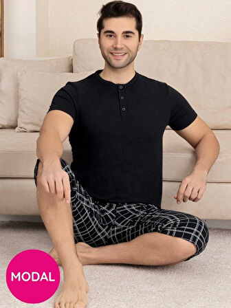 Erkek Bisiklet Yaka 3 Düğmeli Ekose Desen Modal Kısa Kol Cepli Kapri Pijama Takımı