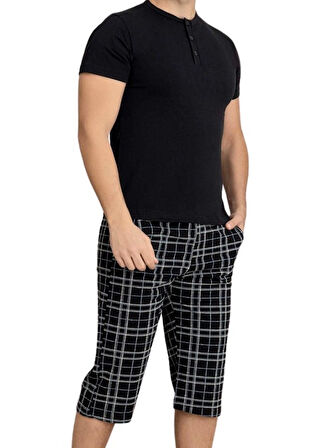 Erkek Bisiklet Yaka 3 Düğmeli Ekose Desen Modal Kısa Kol Cepli Kapri Pijama Takımı
