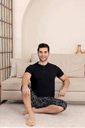 Erkek Bisiklet Yaka 3 Düğmeli Ekose Desen Modal Kısa Kol Cepli Kapri Pijama Takımı