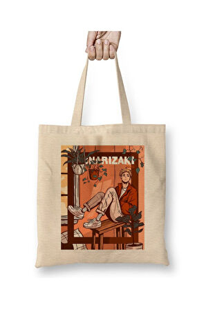 Atsumu Miya Beyaz Bez Çanta Uzun Saplı Alışveriş Çantası Plaj Çantası