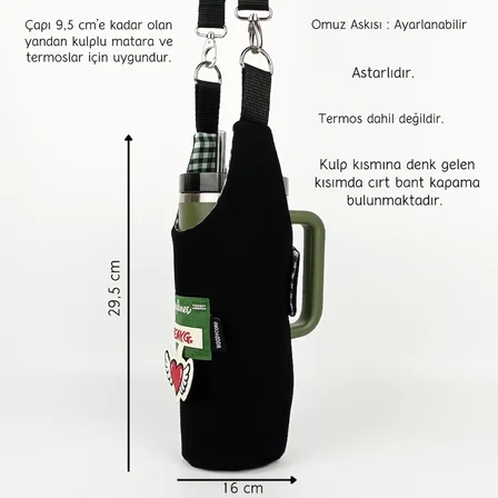 Woodycord El Yapımı Siyah Gabardin Matara Kılıfı Termos Çantası Kulplu Model Quencher Pipetli 1,18