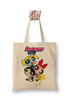 Powerpuff Girls Beyaz Bez Çanta Uzun Saplı Alışveriş Çantası Plaj Çantası