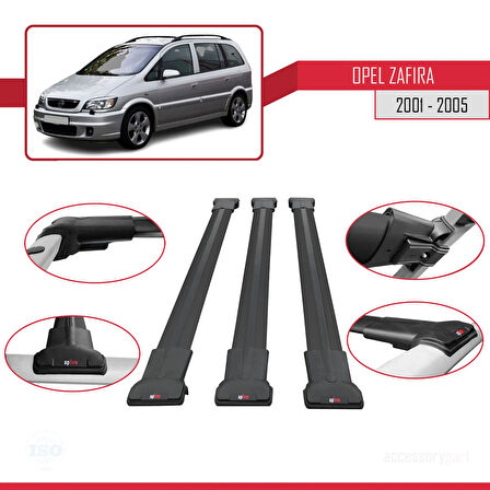 Opel Zafira A (T98) 2001-2005 Arası ile Uyumlu FLY Model Ara Atkı Tavan Barı Siyah 3 Adet