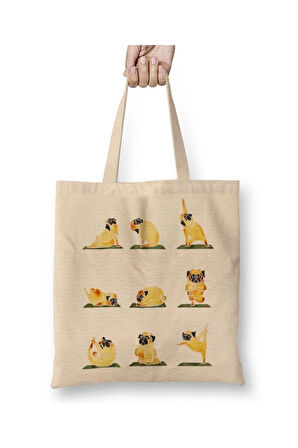 Pug Yoga Köpek Beyaz Bez Çanta Uzun Saplı Alışveriş Çantası Plaj Çantası