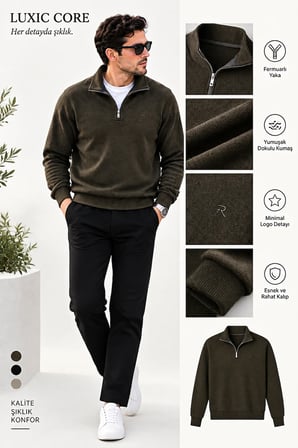 Luxıc core Erkek  Yarım Fermuarlı Dik Yaka Kazak Regular Fit Günlük Şık Basic