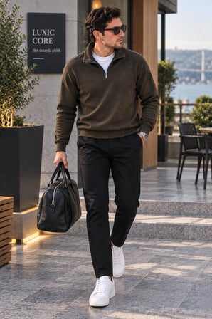 Luxıc core Erkek  Yarım Fermuarlı Dik Yaka Kazak Regular Fit Günlük Şık Basic