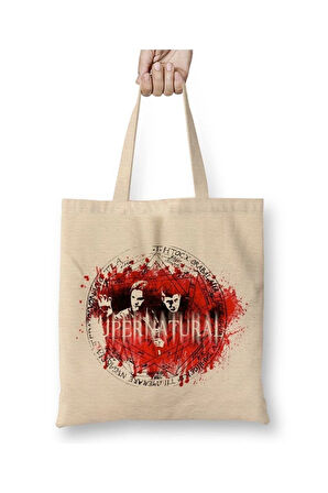 Supernatural Winchester Beyaz Bez Çanta Uzun Saplı Alışveriş Çantası Plaj Çantası