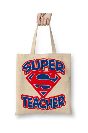 Süper Öğretmen Öğretmenler Günü 24 Kasım Beyaz Bez Çanta Uzun Saplı Alışveriş Çantası Plaj Çantası
