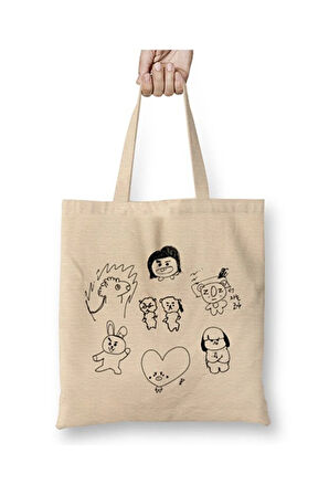 Bts Bt21 Drawing Black Beyaz Bez Çanta Uzun Saplı Alışveriş Çantası Plaj Çantası
