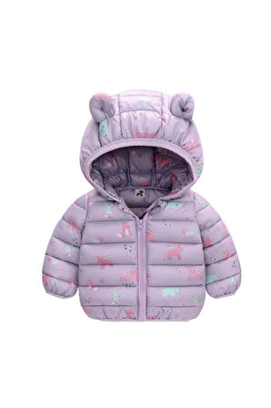 Petityu Unicorn Baskılı Pufudik Mont Lila