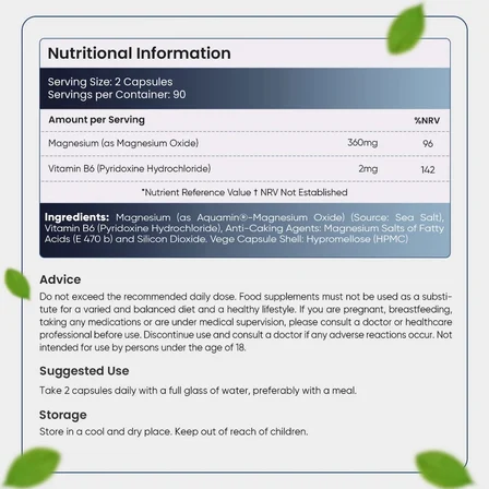 Marine Magnesium + Vitamin B6 -360mg 180  Capsules