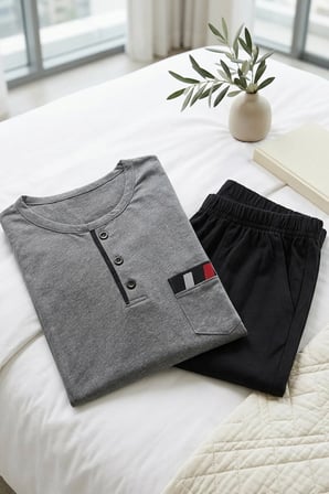 Erkek Gri Viskon Karışımlı Uzun Kollu Düğmeli Biyeli Pijama Takımı