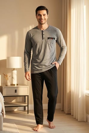 Erkek Gri Viskon Karışımlı Uzun Kollu Düğmeli Biyeli Pijama Takımı