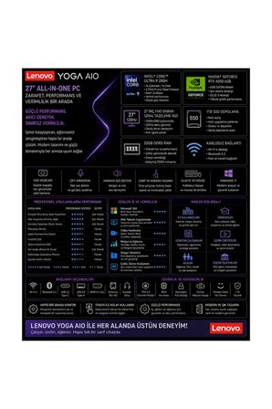Yoga Core Ultra 9 285H RTX 4050 6GB 32GB RAM 4TB SSD 27" QHD 400nits 120Hz Win11 Pro F0J20048TRP315 All In One Bilgisayar + PER4 USB
