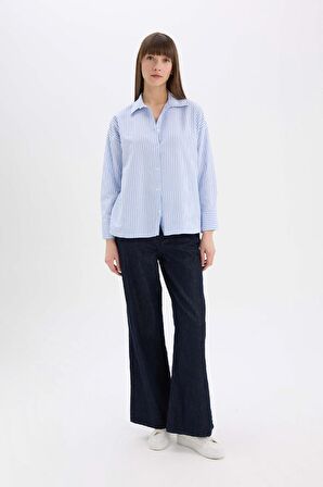 Oversize Geniş Kalıp Çizgili Oxford Uzun Kollu Gömlek