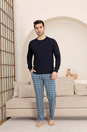 Erkek 3 Düğmeli Ekose Desenli Pamuk Likra Mevsimlik Modal Uzun Kol Manşetli Cepli Pijama Takımı