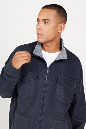 Erkek Indigo Melanj Oversize Bol Kesim Dik Yaka Pamuklu Desenli Sweatshirt Ceket