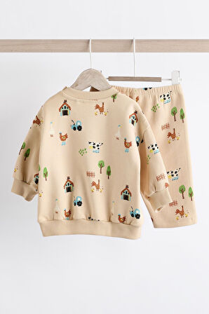 Next Baby Pamuklu Krem Çiftlik Desenli Sweatshirt Jogger Alt Üst Takım