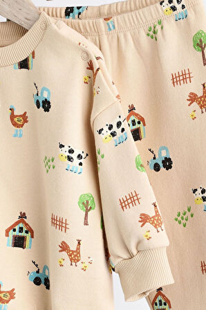 Next Baby Pamuklu Krem Çiftlik Desenli Sweatshirt Jogger Alt Üst Takım