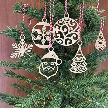 6 Parça Kırmızı Beyaz İpli Noel Baba ve Kar Tanesi Ahşap Yılbaşı Ağaç Süsü